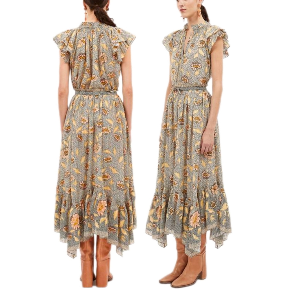 🔥Ulla Johnson High Low Dress in Gray and Yellow Floral